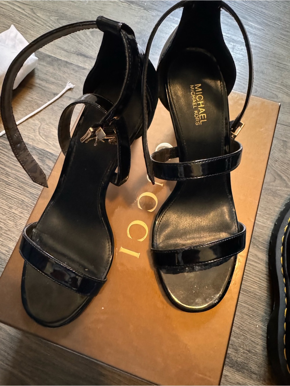 MICHAEL Michael Kors Black Patent Leather Strappy Block Heels